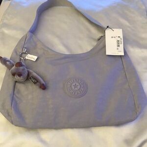 Kipling Isidora Nylon Shoulder Bag Dove Grey + Monkey Key Chain OS NWT